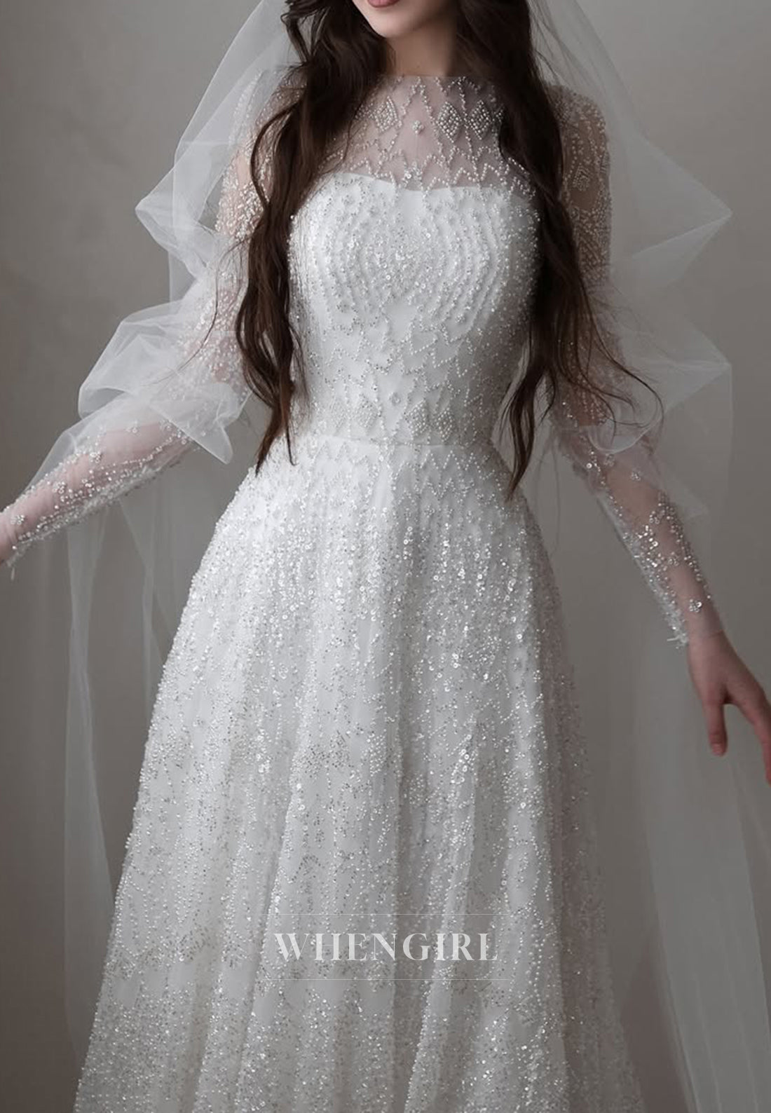 A-Line Bateau Neck Long Sleeves Court Train Wedding Dress
