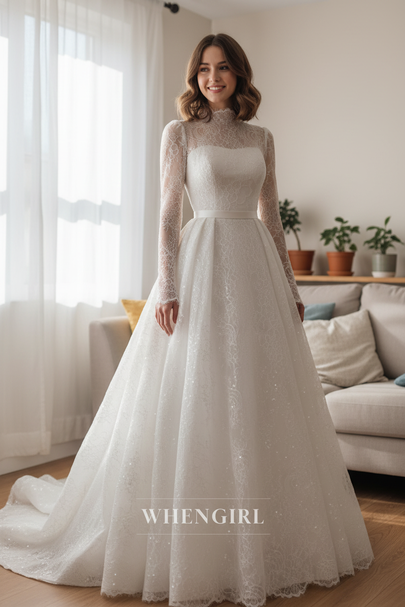 A-Line Pleated High Neck Long Sleeves Beaded Lace Wedding Dress with Court Train