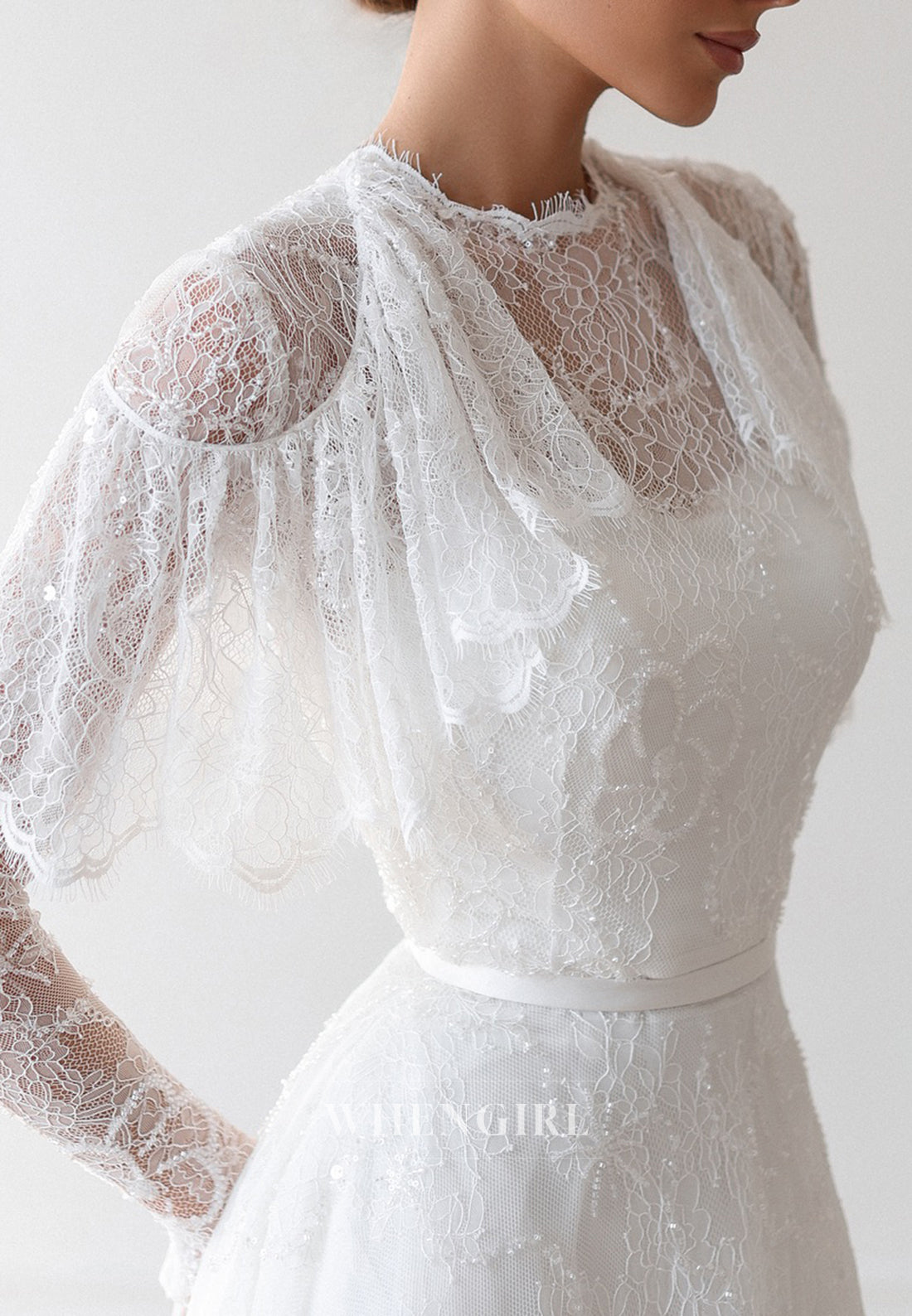 A-Line Beaded Lace Long Sleeves Ruffles Sweep Train Buttons Wedding Dress