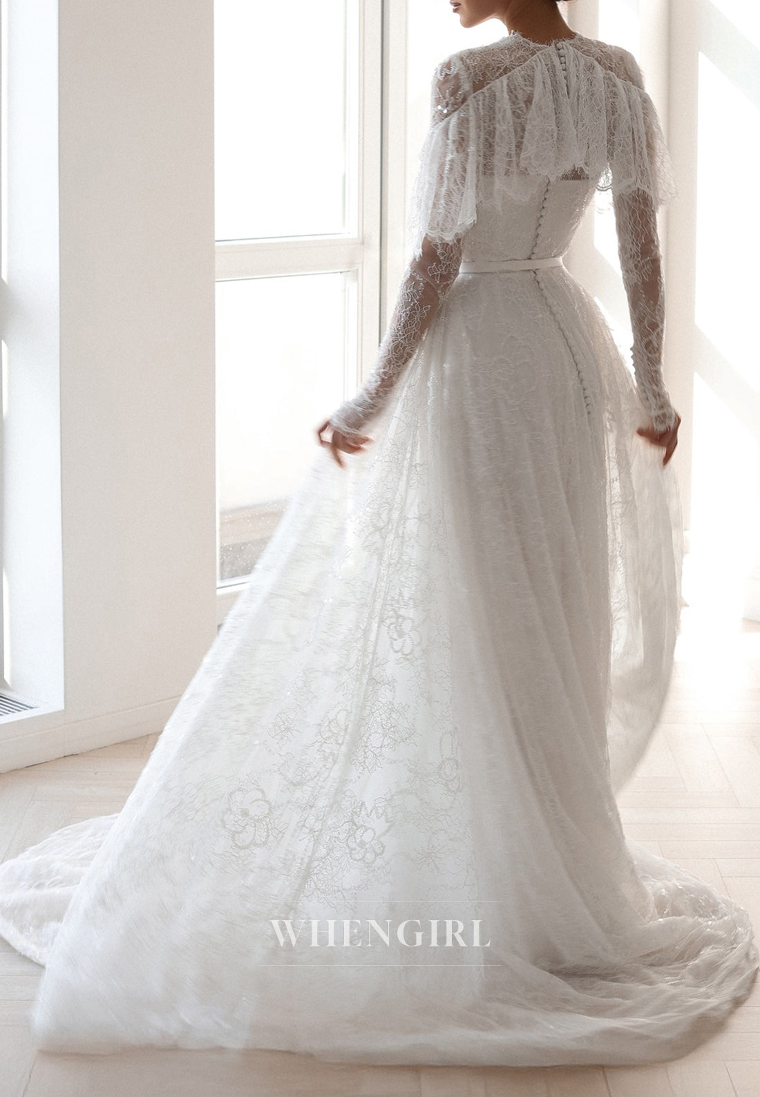 A-Line Beaded Lace Long Sleeves Ruffles Sweep Train Buttons Wedding Dress