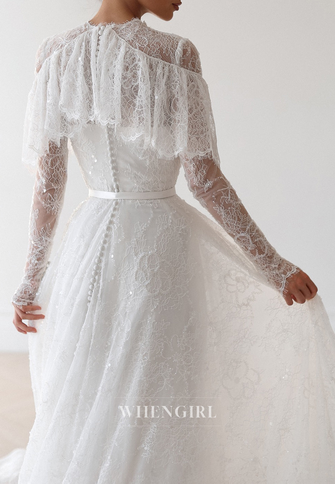 A-Line Beaded Lace Long Sleeves Ruffles Sweep Train Buttons Wedding Dress