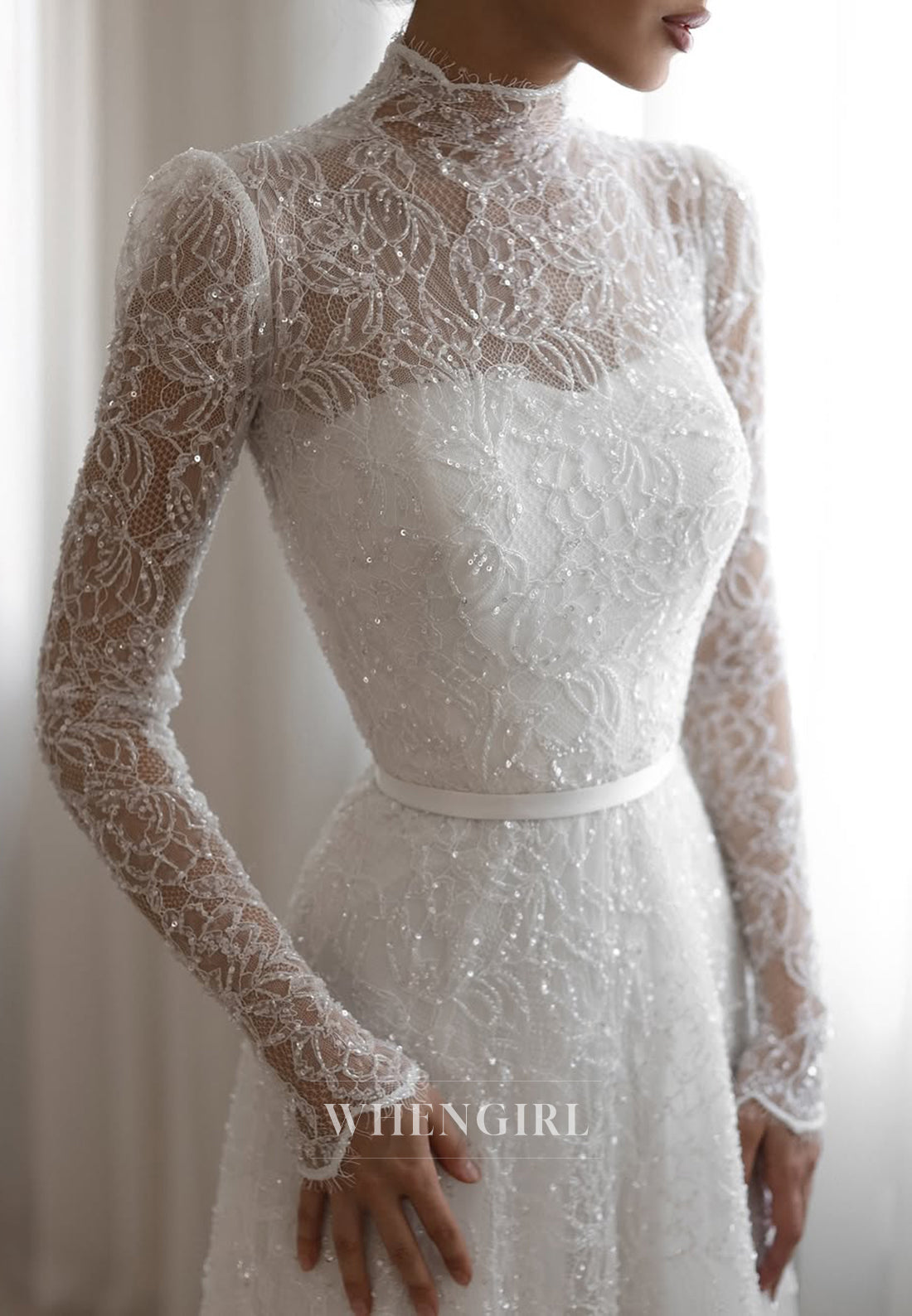 A-Line Beaded Lace High Neck Long Sleeves Court Train Wedding Dress