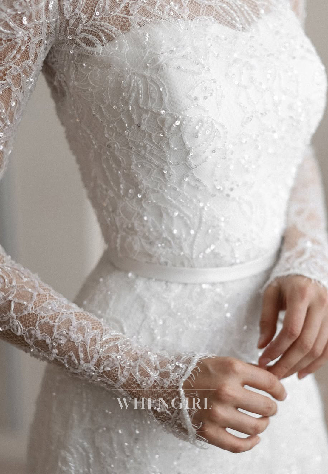 A-Line Beaded Lace High Neck Long Sleeves Court Train Wedding Dress