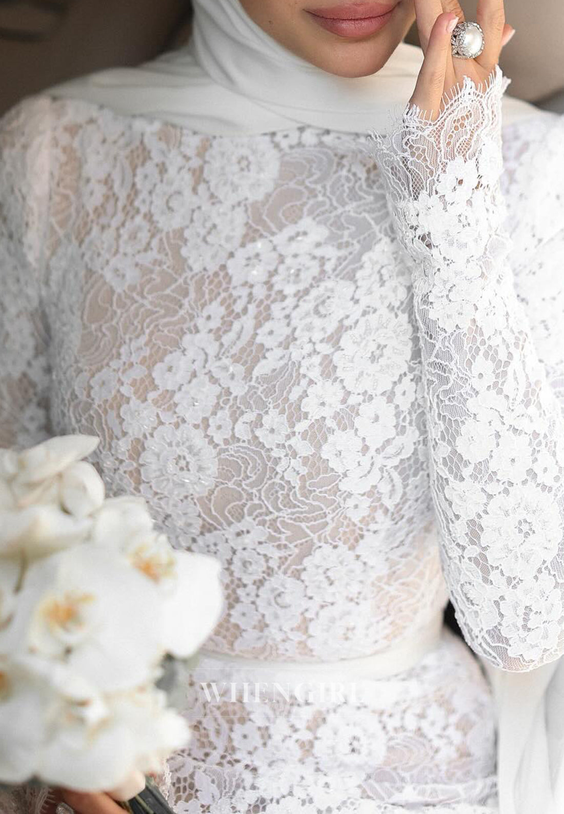 High Neck Long Sleeves Sweep Train Lace Sheath Wedding Dress