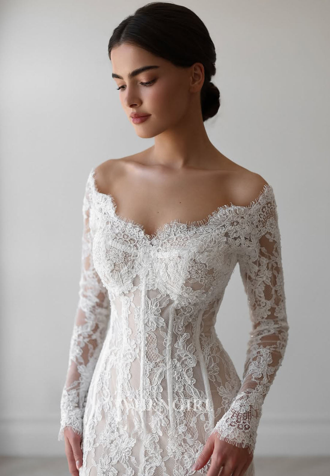 Trumpet Long Sleeves Off Shoulder Lace Wedding Dress with Train