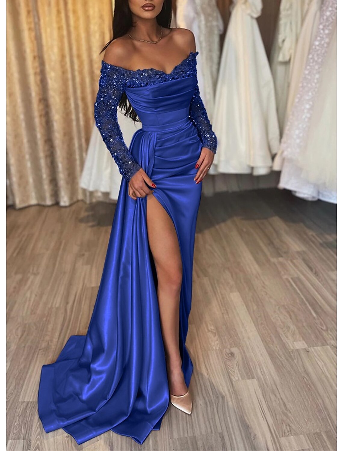 Sheath Off SHoulder Long Sleeves Pleated Long Prom Dress with Slit and Train
