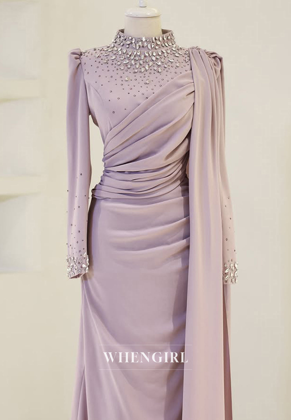 Elegant High Neck Long Sleeves Pleats Satin Formal Prom Dress with Beaded