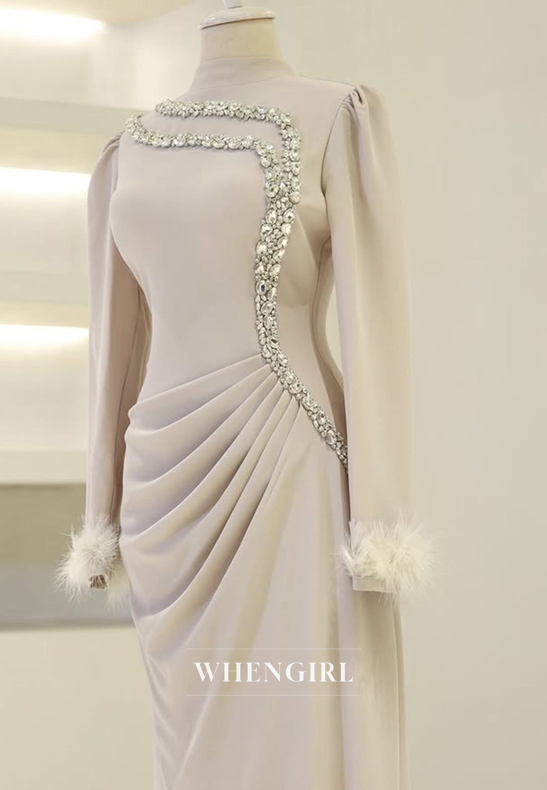 Gorgeous Long Sleeves Sheath Beaded Pleats Satin Long Formal Prom Dress with Feathers