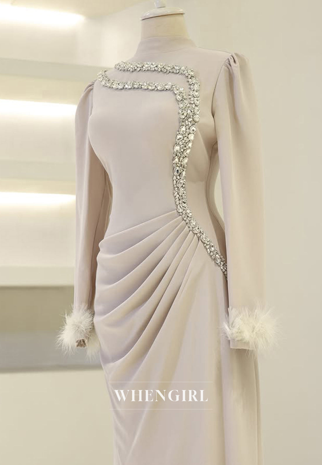 Gorgeous Long Sleeves Sheath Beaded Pleats Satin Long Formal Prom Dress with Feathers