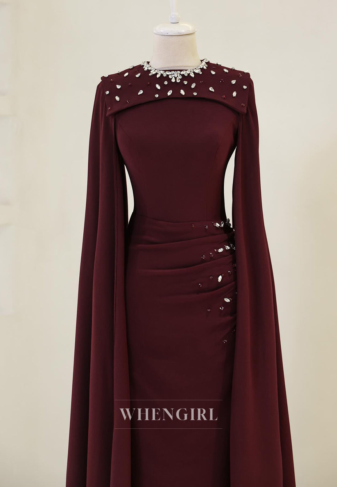 Sheath Rhinestones Beading Bateau Neck Pleated Long Sleeves Long Formal Evening Dress