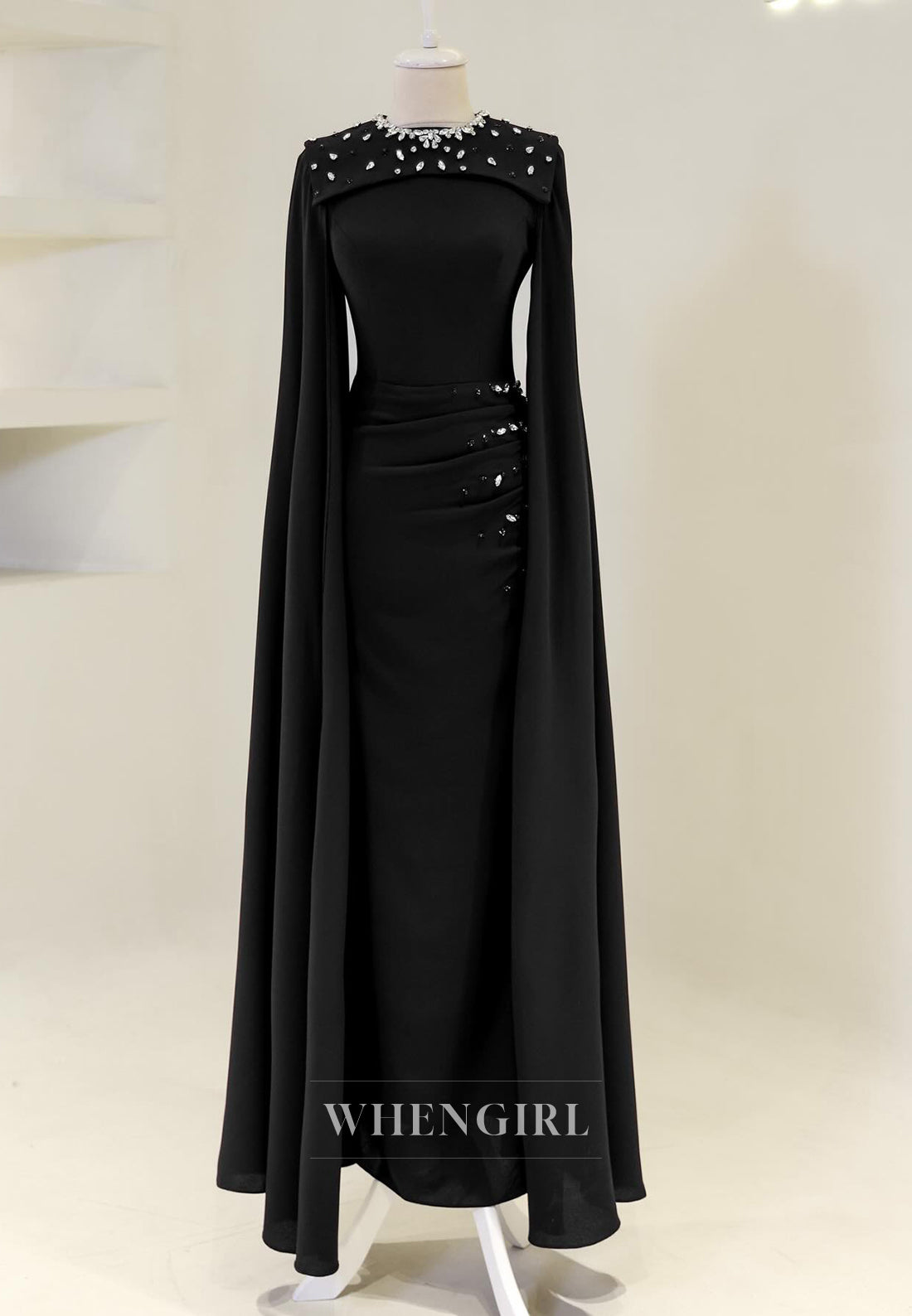 Sheath Rhinestones Beading Bateau Neck Pleated Long Sleeves Long Formal Evening Dress