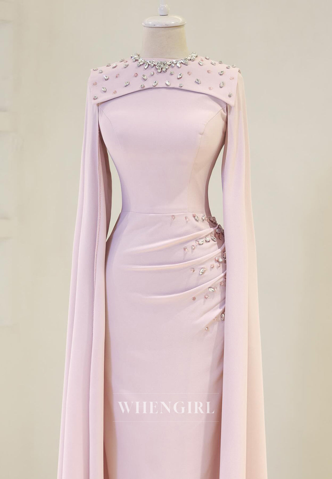 Sheath Rhinestones Beading Bateau Neck Pleated Long Sleeves Long Formal Evening Dress