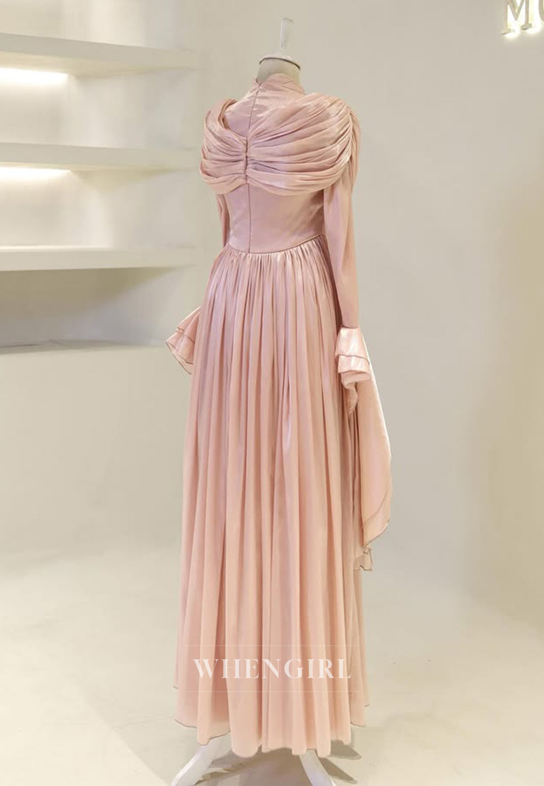 A-Line High Neck Long Bell Sleeves Ruched Floor Length Evening Formal Gown