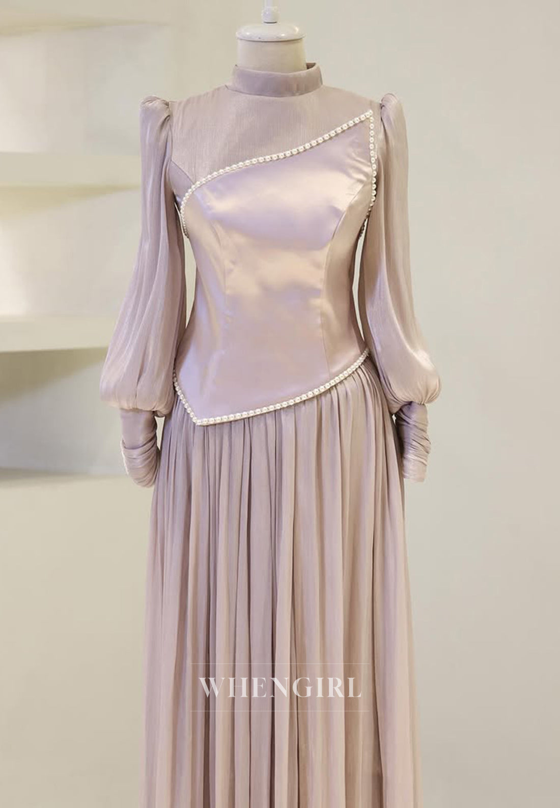 High Neck Long Sleeves Pearls Beading A-Line Back Zipper Long Evening Formal Gown