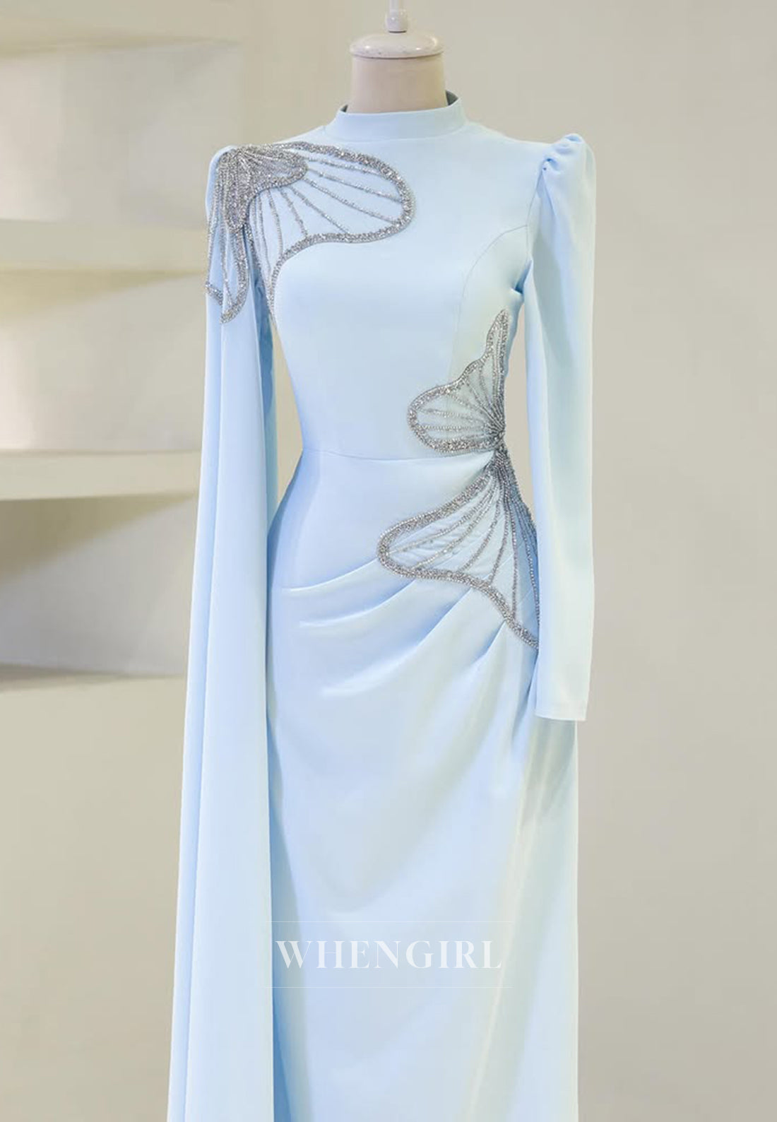 Long Sleeves Beaded Butterfly High Neck Ruched Sheath Formal Evening Gown