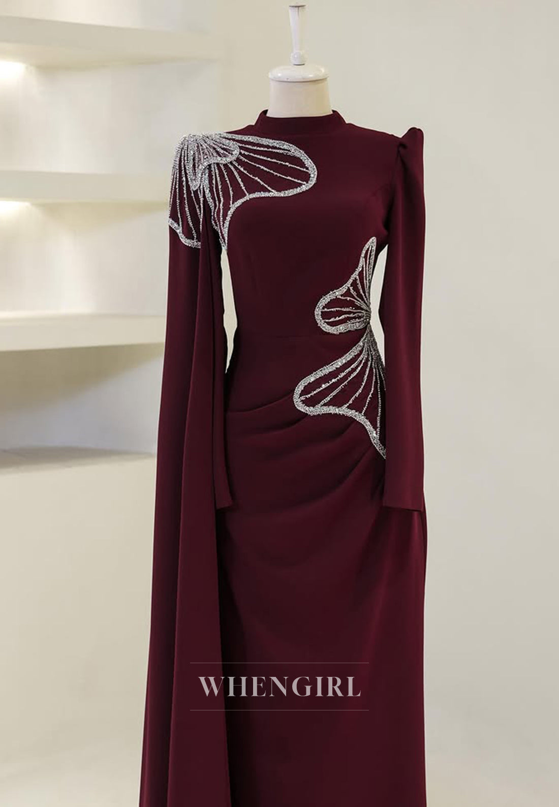 Long Sleeves Beaded Butterfly High Neck Ruched Sheath Formal Evening Gown