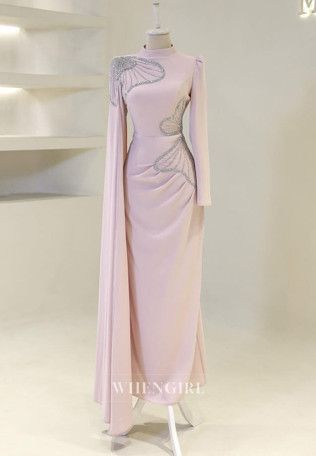 Long Sleeves Beaded Butterfly High Neck Ruched Sheath Formal Evening Gown