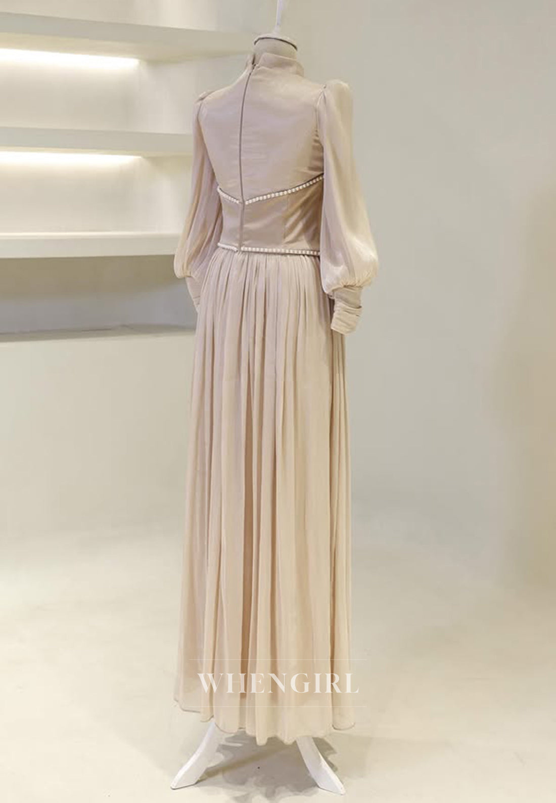 High Neck Long Sleeves Pearls Beading A-Line Back Zipper Long Evening Formal Gown
