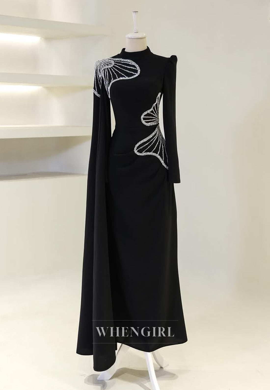 Long Sleeves Beaded Butterfly High Neck Ruched Sheath Formal Evening Gown
