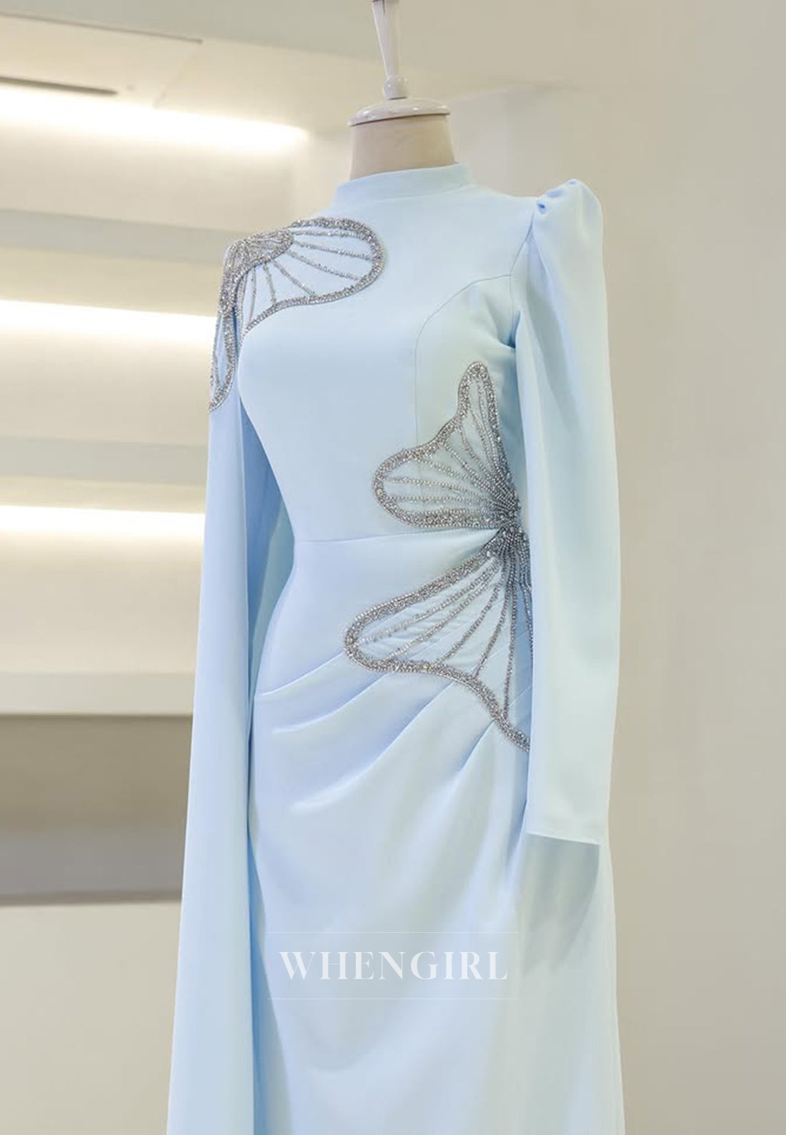 Long Sleeves Beaded Butterfly High Neck Ruched Sheath Formal Evening Gown