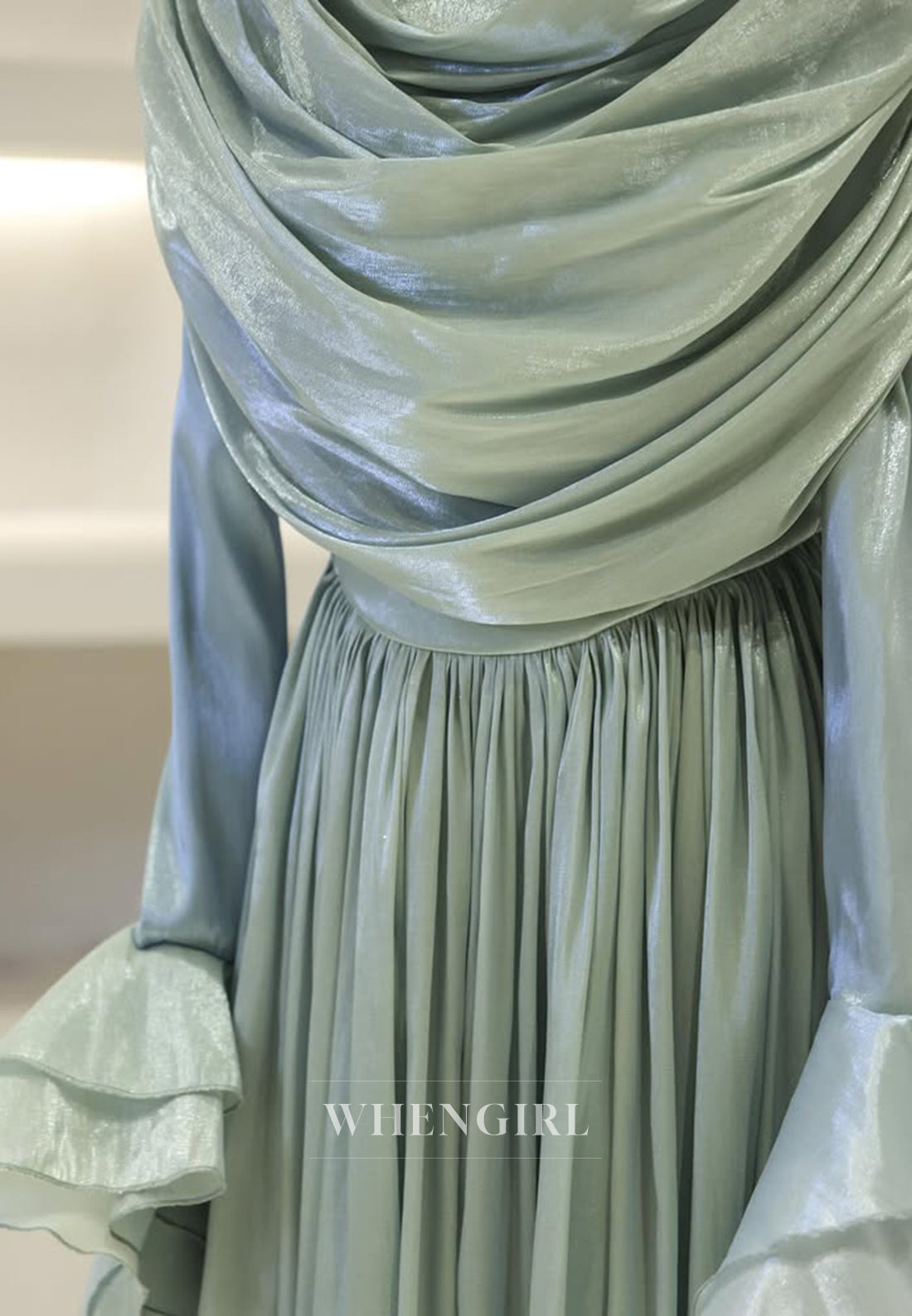 A-Line High Neck Long Bell Sleeves Ruched Floor Length Evening Formal Gown