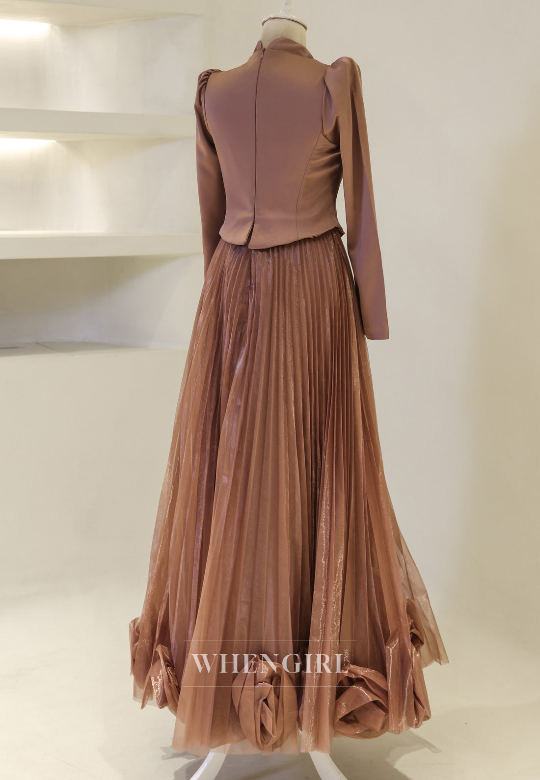 A-Line High Neck Long Sleeves 3D Flowers Back Zipper Long Formal Evening Gown
