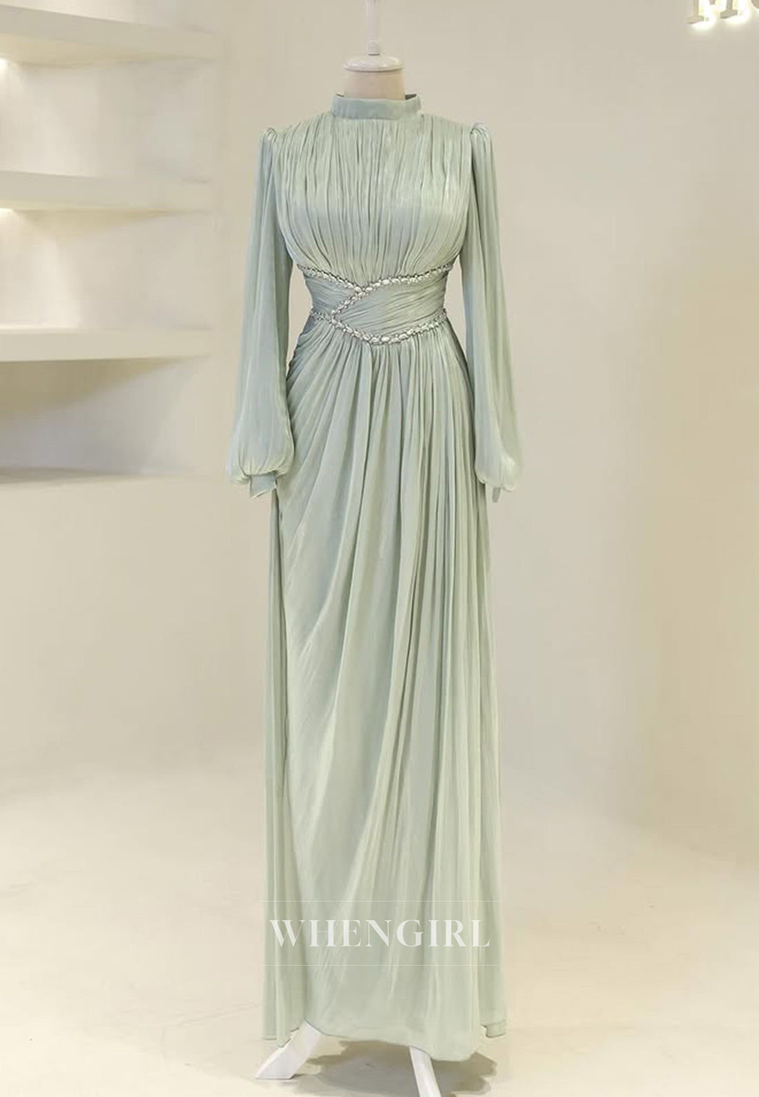 Long Sleeves Pleated Beaded A-Line Floor Length High Neck Sheath Formal Evening Gown