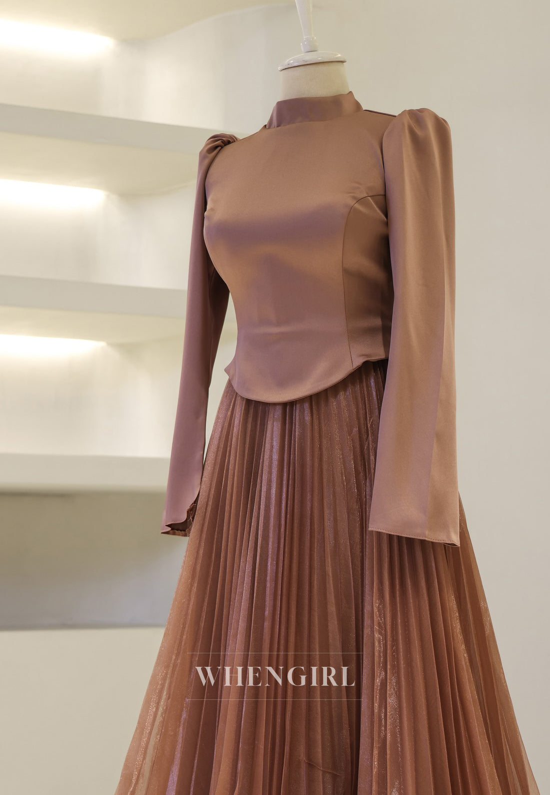 A-Line High Neck Long Sleeves 3D Flowers Back Zipper Long Formal Evening Gown