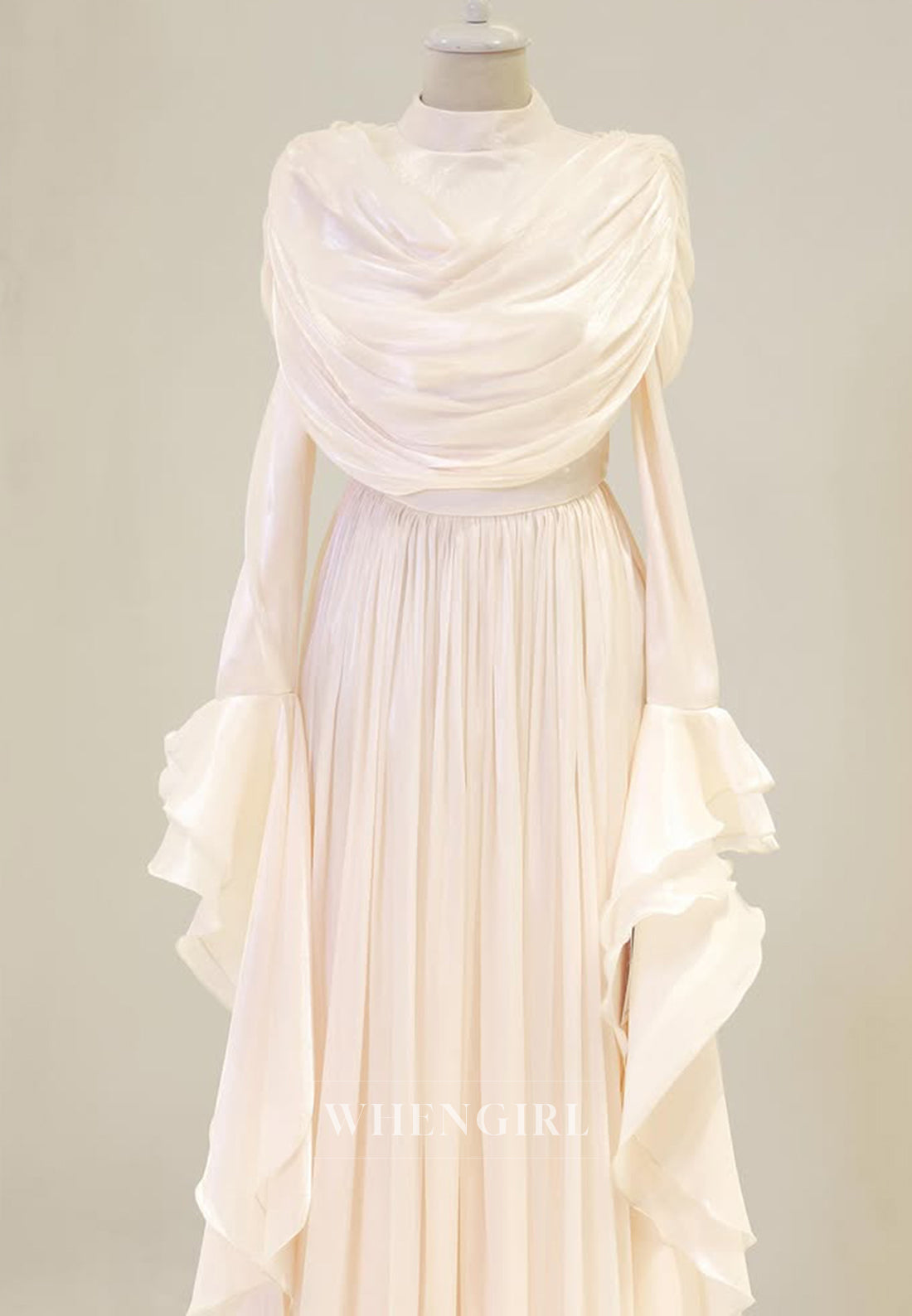 A-Line High Neck Long Bell Sleeves Ruched Floor Length Evening Formal Gown