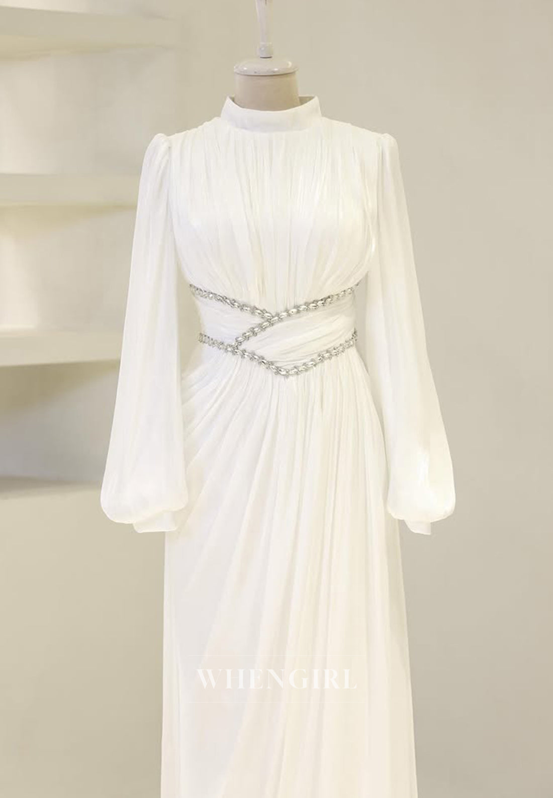 Long Sleeves Pleated Beaded A-Line Floor Length High Neck Sheath Formal Evening Gown