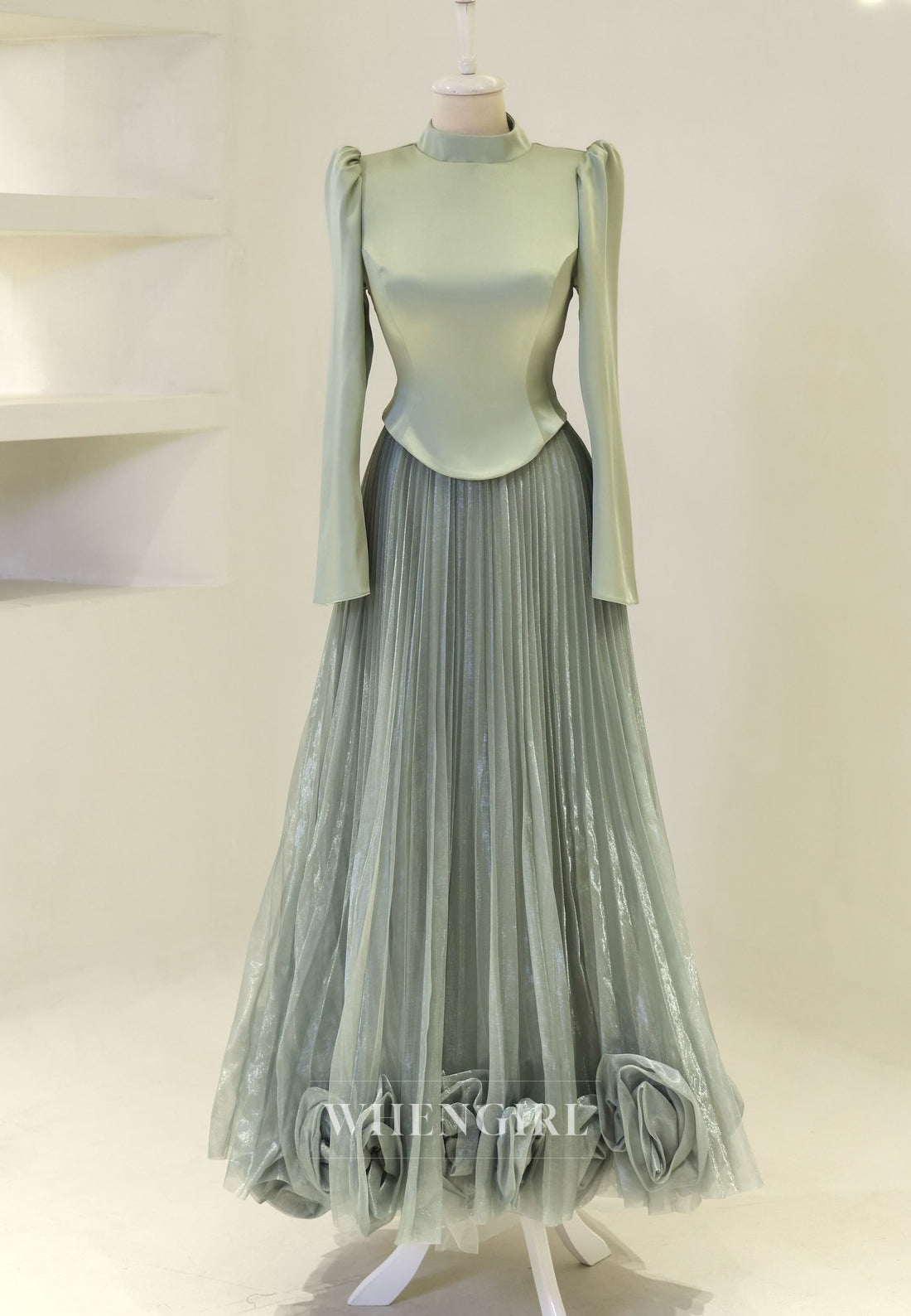 A-Line High Neck Long Sleeves 3D Flowers Back Zipper Long Formal Evening Gown