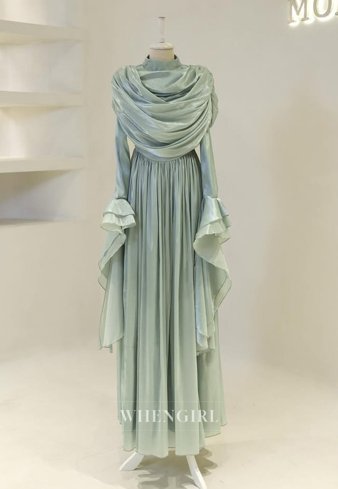 A-Line High Neck Long Bell Sleeves Ruched Floor Length Evening Formal Gown