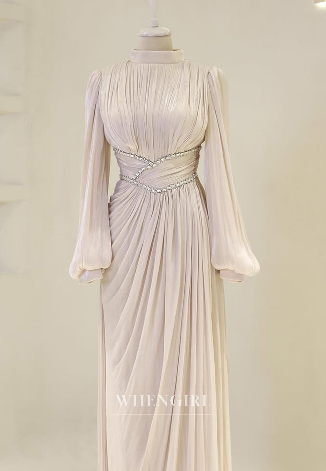 Long Sleeves Pleated Beaded A-Line Floor Length High Neck Sheath Formal Evening Gown