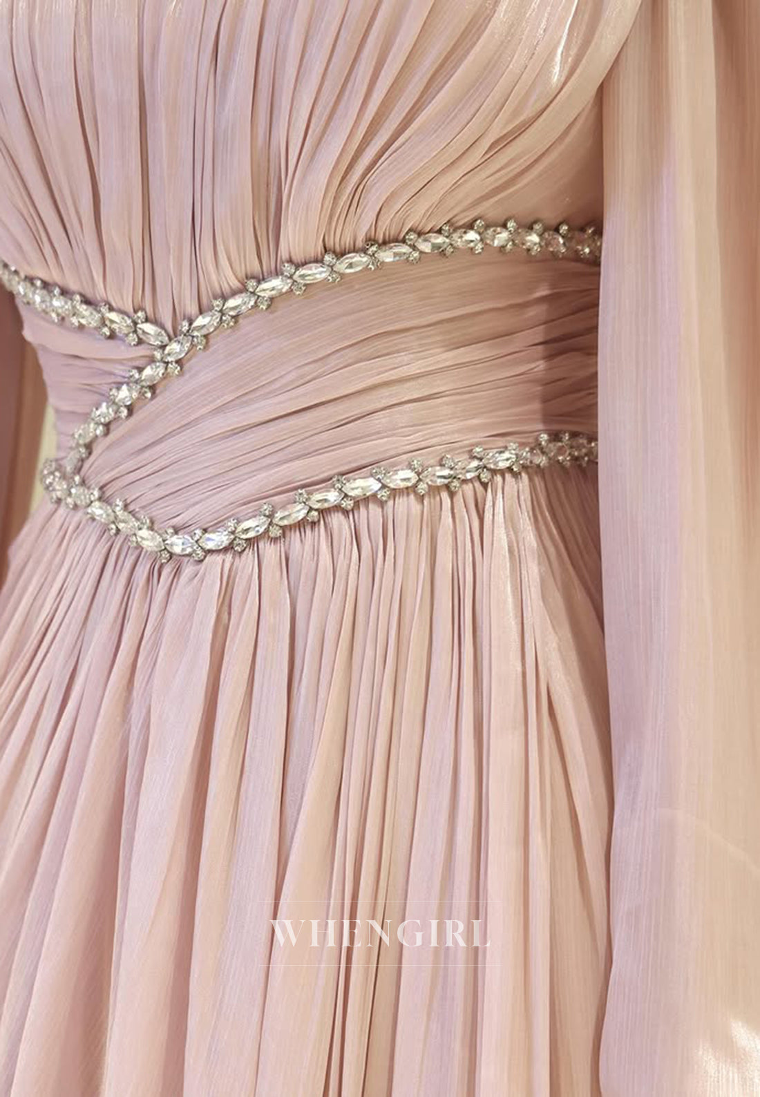 Long Sleeves Pleated Beaded A-Line Floor Length High Neck Sheath Formal Evening Gown
