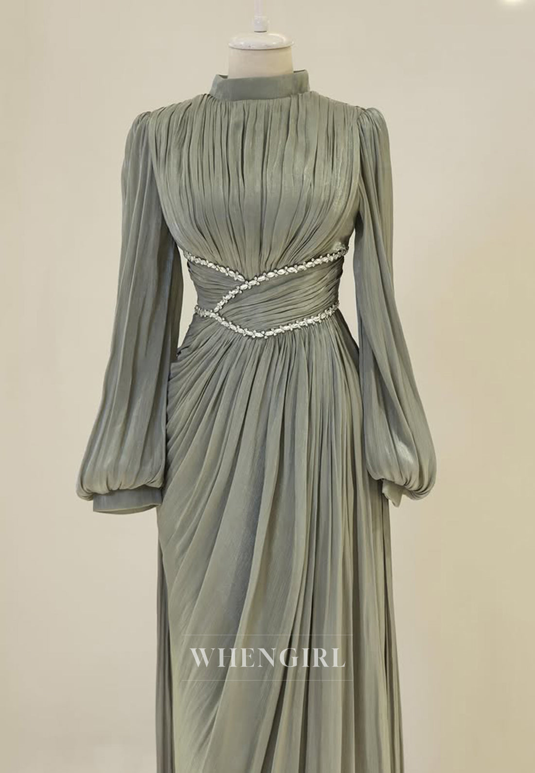 Long Sleeves Pleated Beaded A-Line Floor Length High Neck Sheath Formal Evening Gown