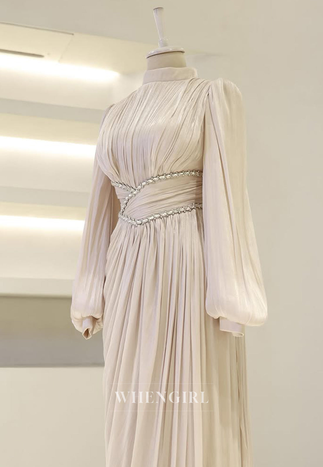 Long Sleeves Pleated Beaded A-Line Floor Length High Neck Sheath Formal Evening Gown