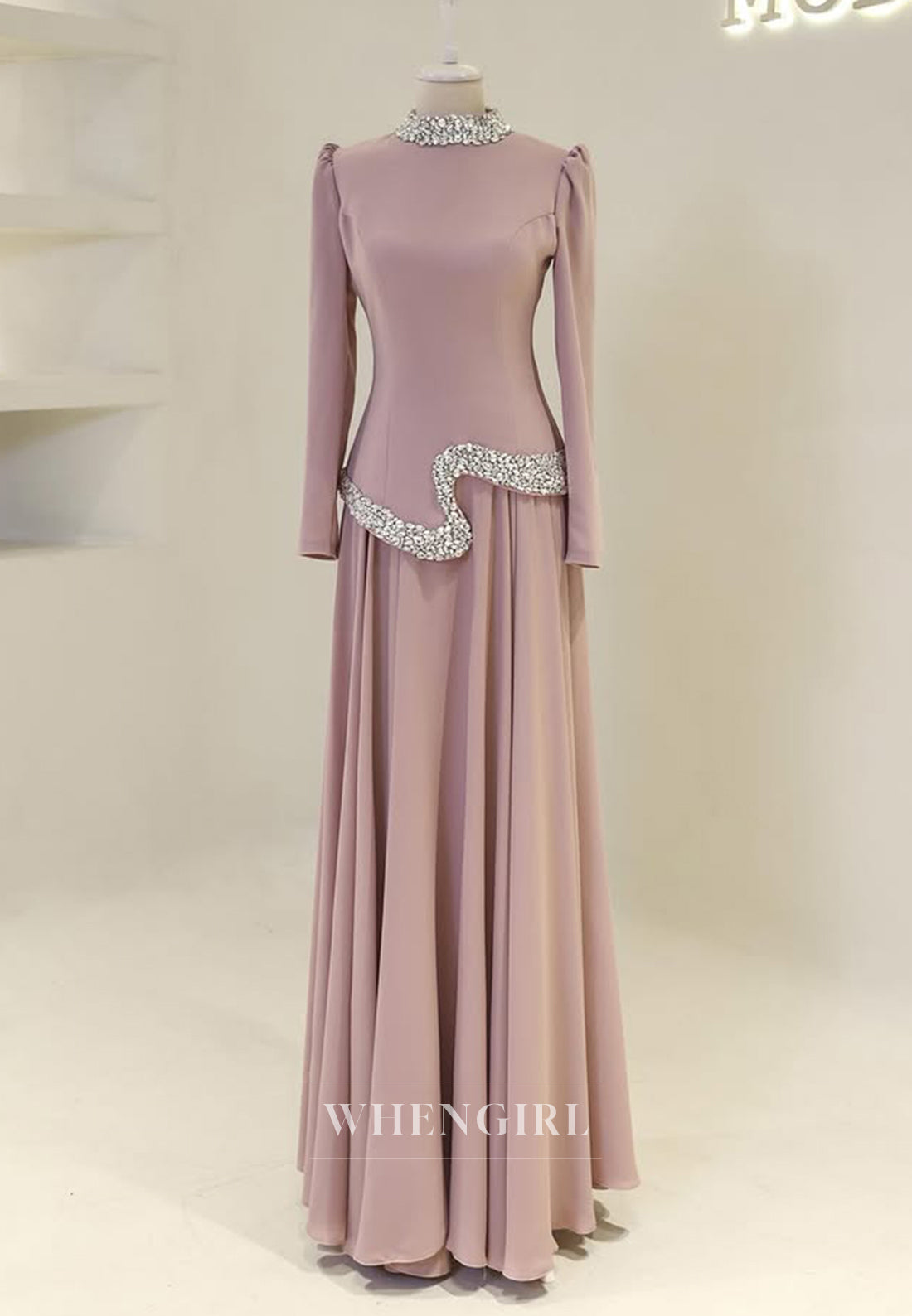A-Line Beaded High Neck Long Sleeves Floor Length Formal Evening Dress