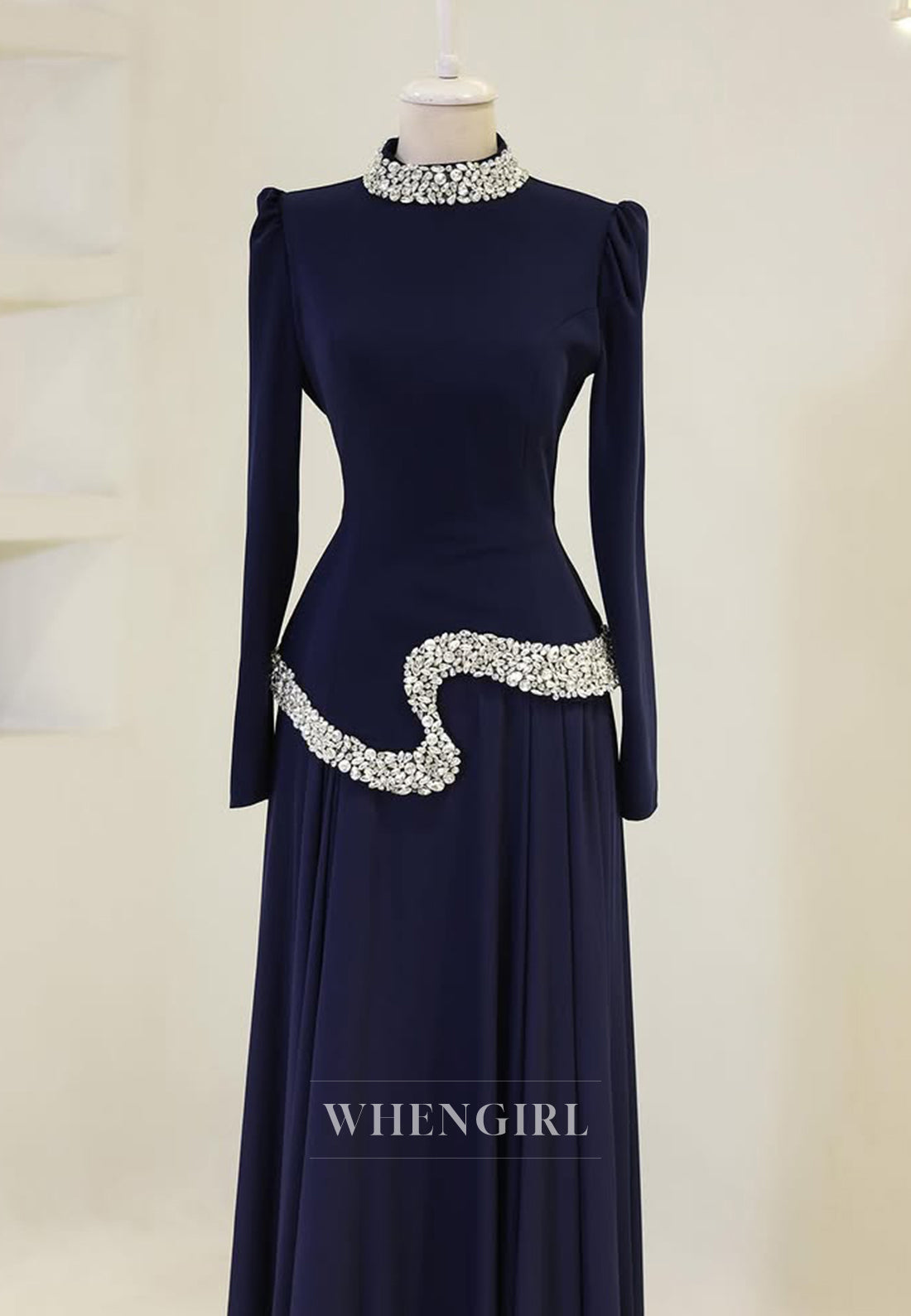A-Line Beaded High Neck Long Sleeves Floor Length Formal Evening Dress