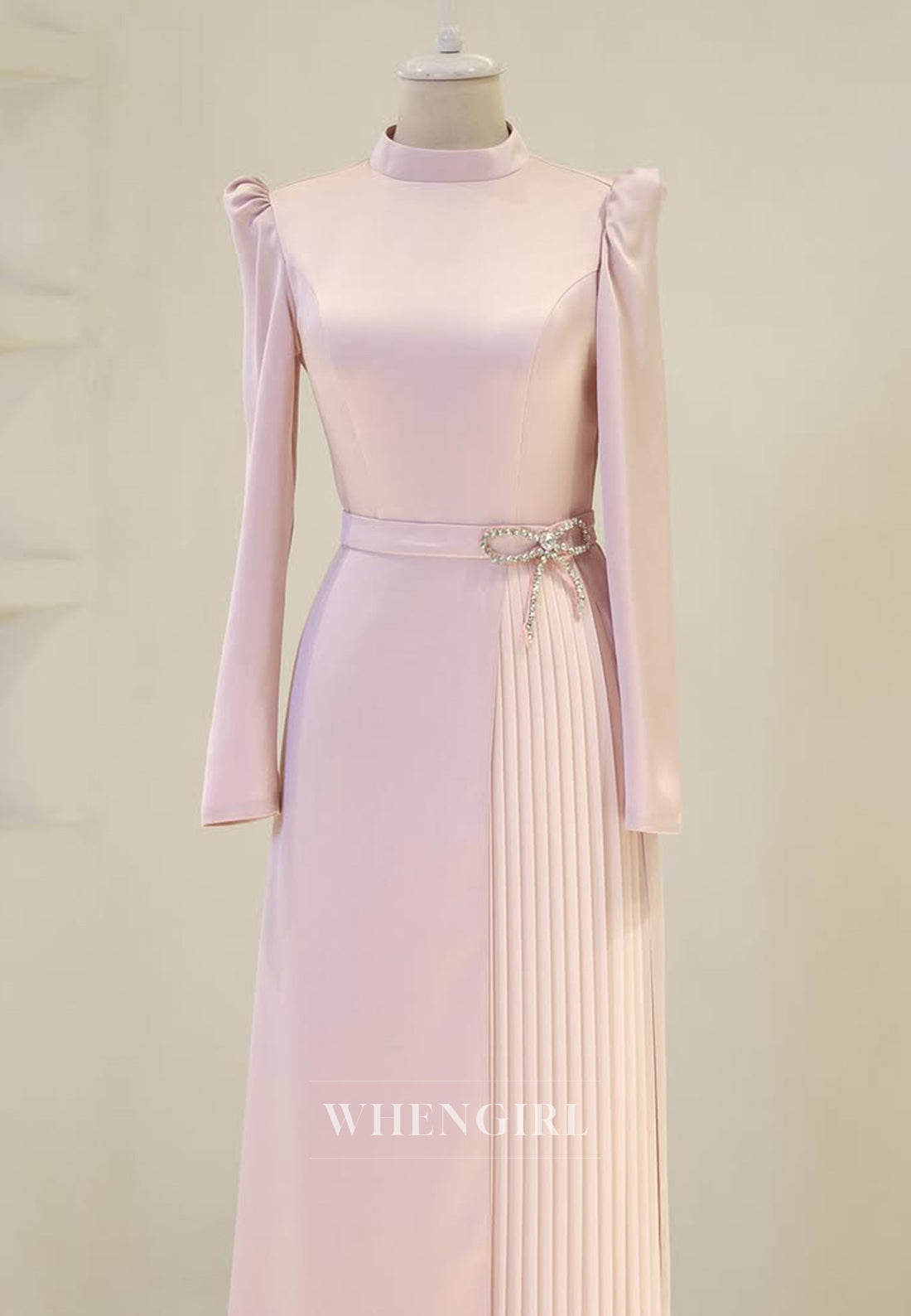 High Neck Long Sleeves Rhinestone Bowknot Pleated Sheath Long Formal Evening Dress