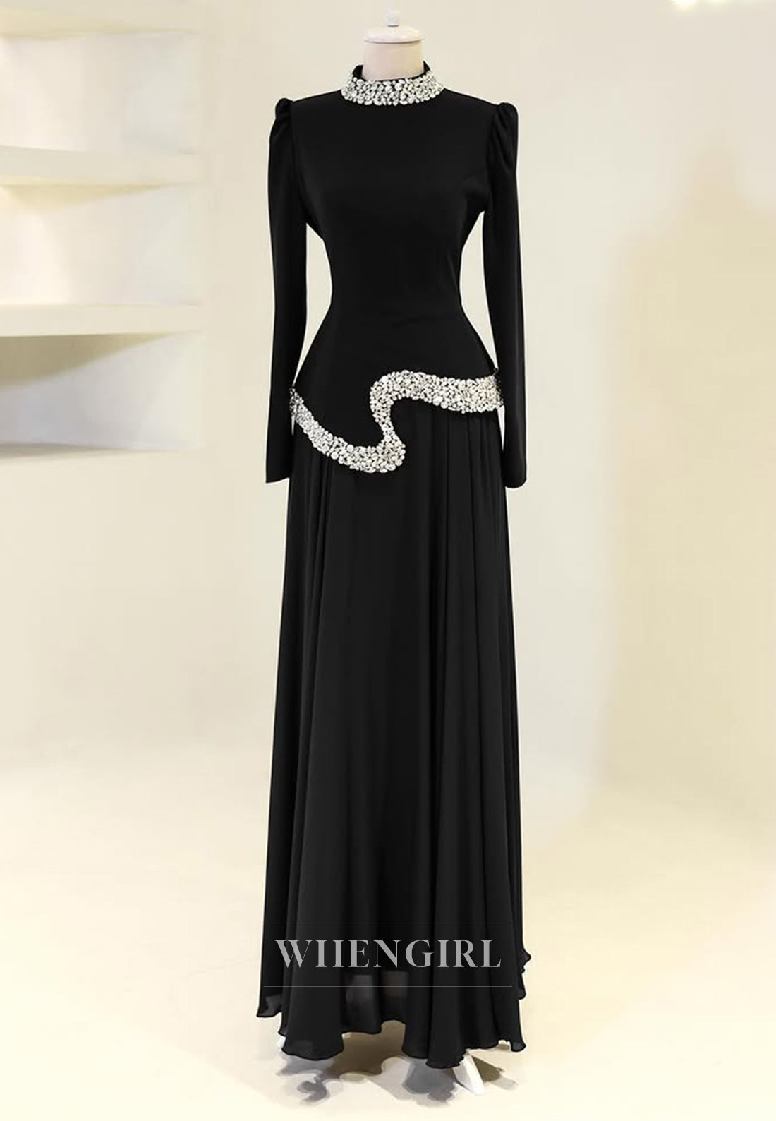 A-Line Beaded High Neck Long Sleeves Floor Length Formal Evening Dress