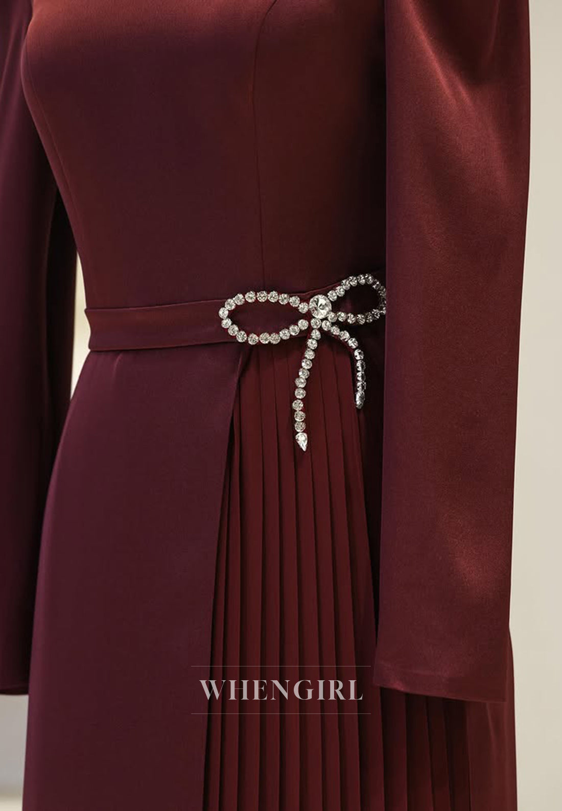 High Neck Long Sleeves Rhinestone Bowknot Pleated Sheath Long Formal Evening Dress