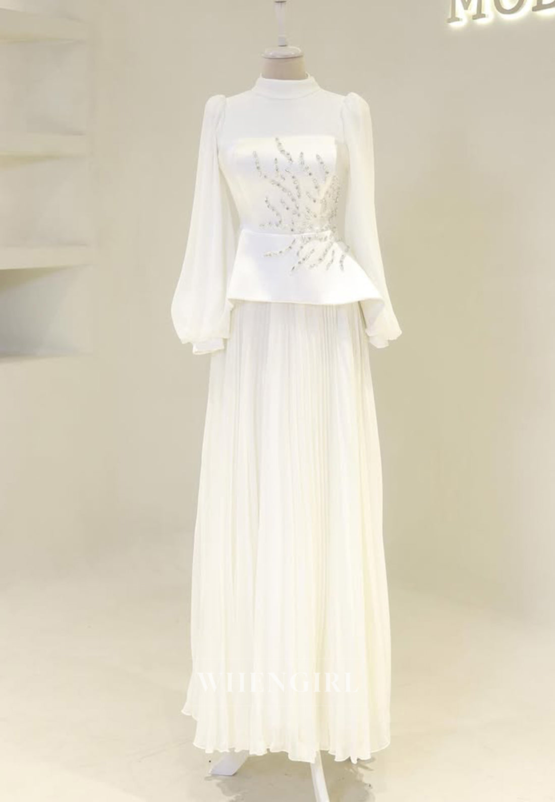 High Neck Long Sleeves Beaded Pleated Floor Length A-Line Formal Evening Dress