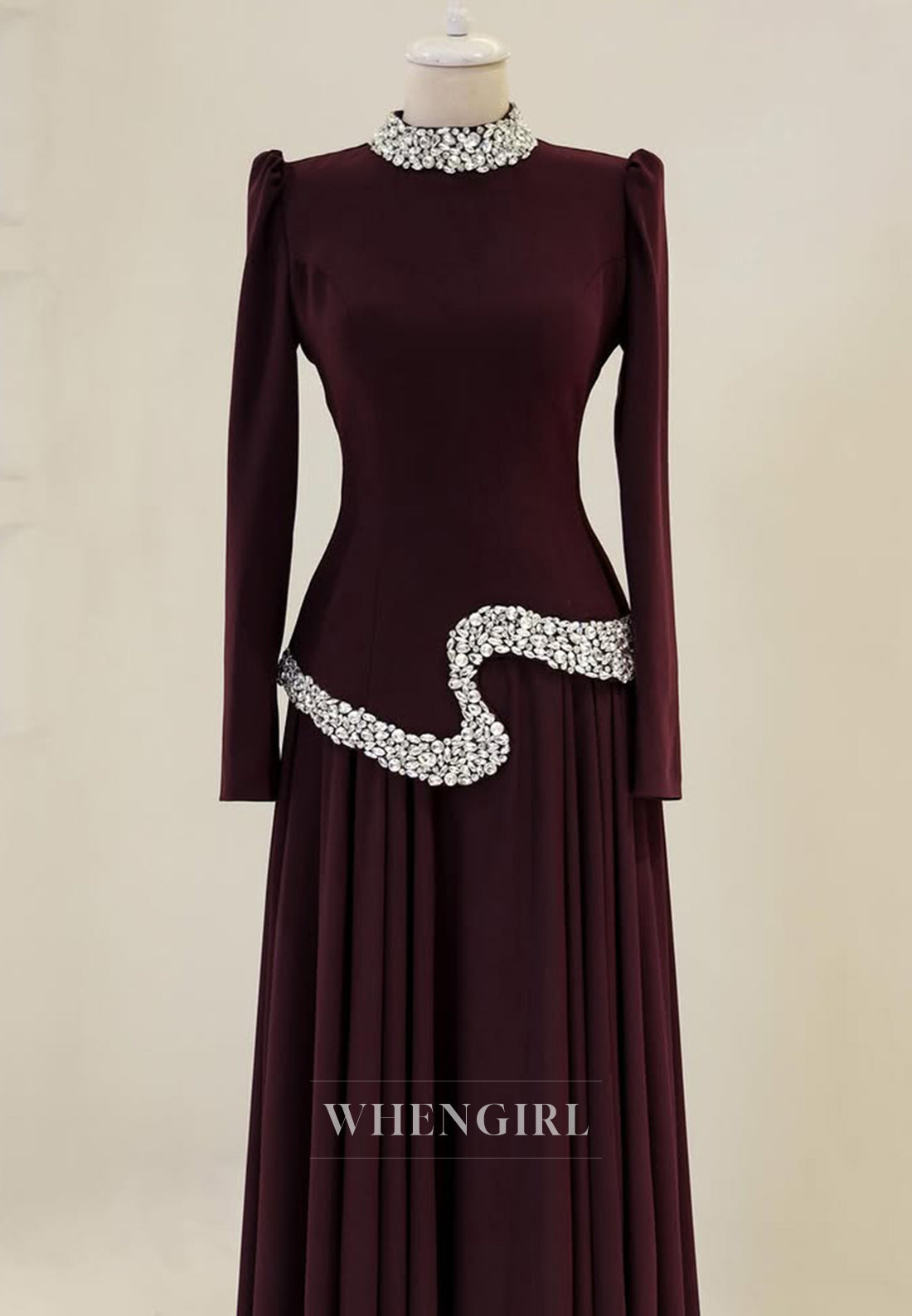 A-Line Beaded High Neck Long Sleeves Floor Length Formal Evening Dress