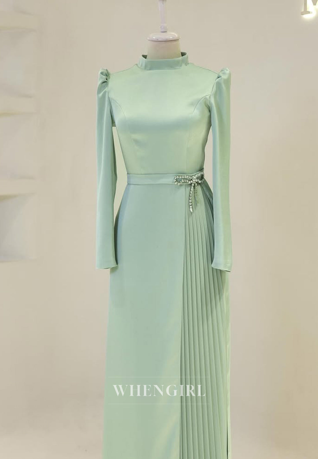 High Neck Long Sleeves Rhinestone Bowknot Pleated Sheath Long Formal Evening Dress