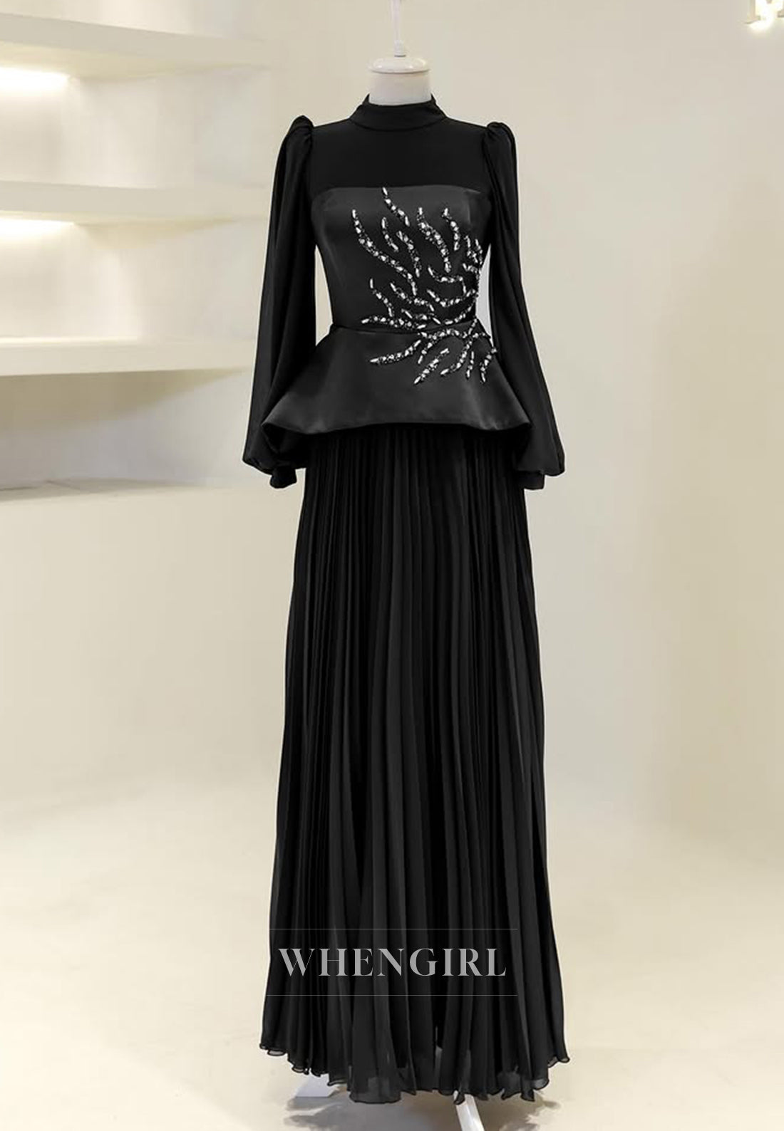 High Neck Long Sleeves Beaded Pleated Floor Length A-Line Formal Evening Dress