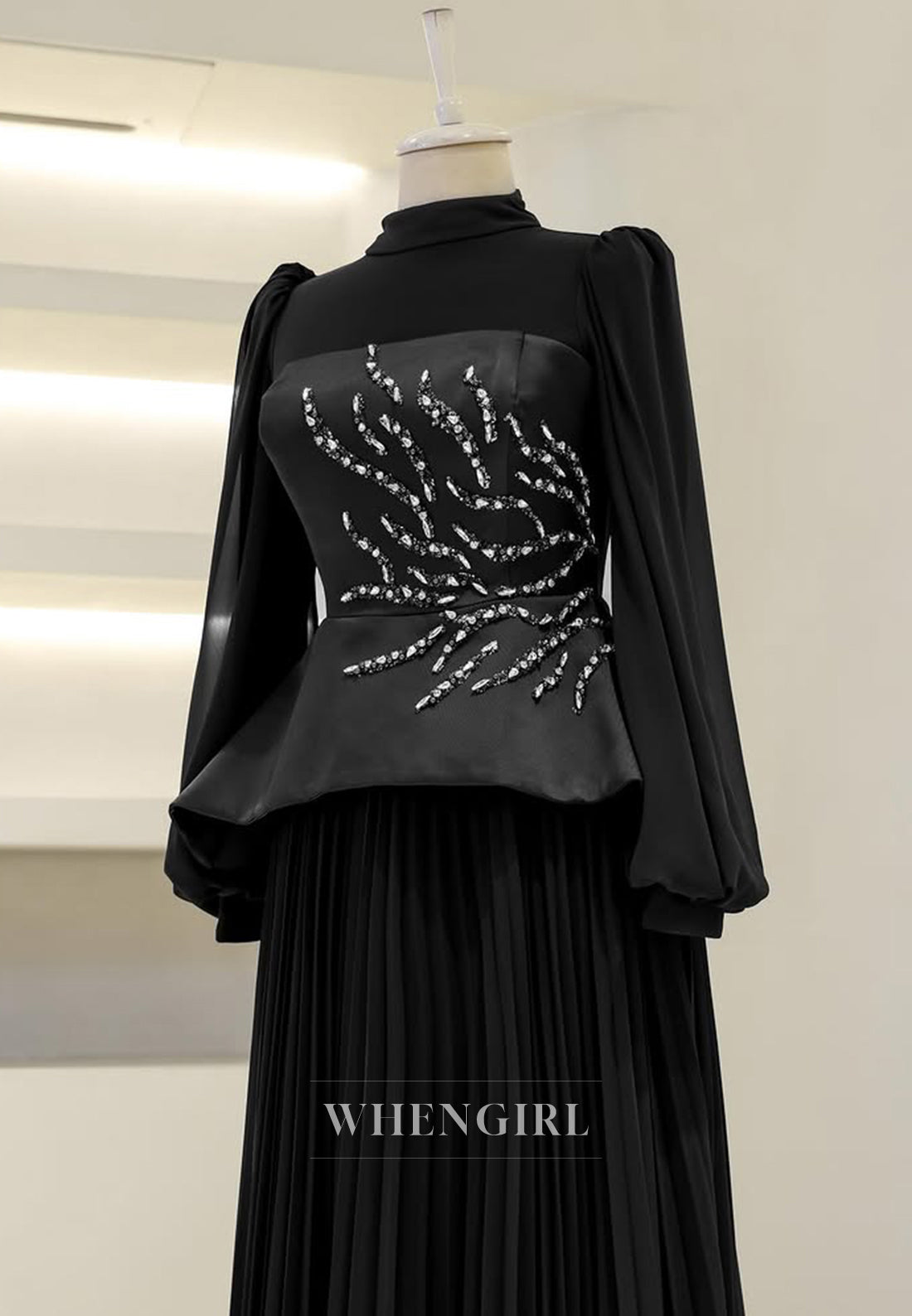High Neck Long Sleeves Beaded Pleated Floor Length A-Line Formal Evening Dress