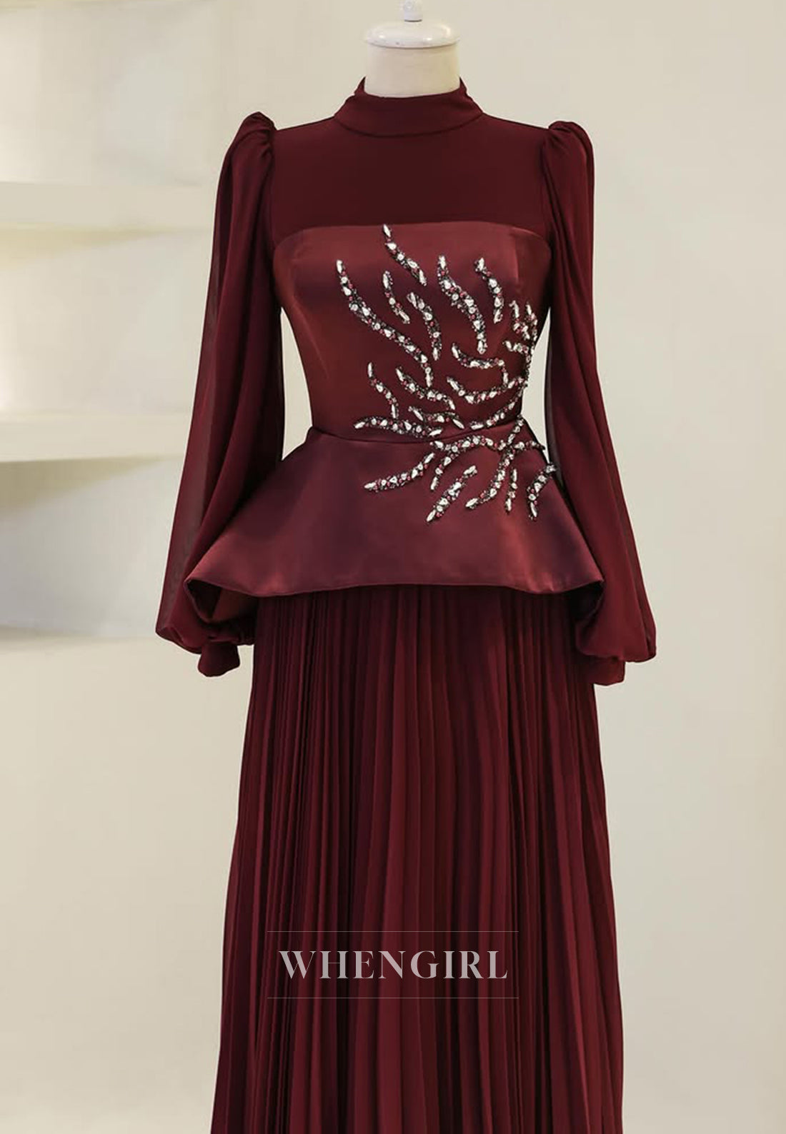 High Neck Long Sleeves Beaded Pleated Floor Length A-Line Formal Evening Dress