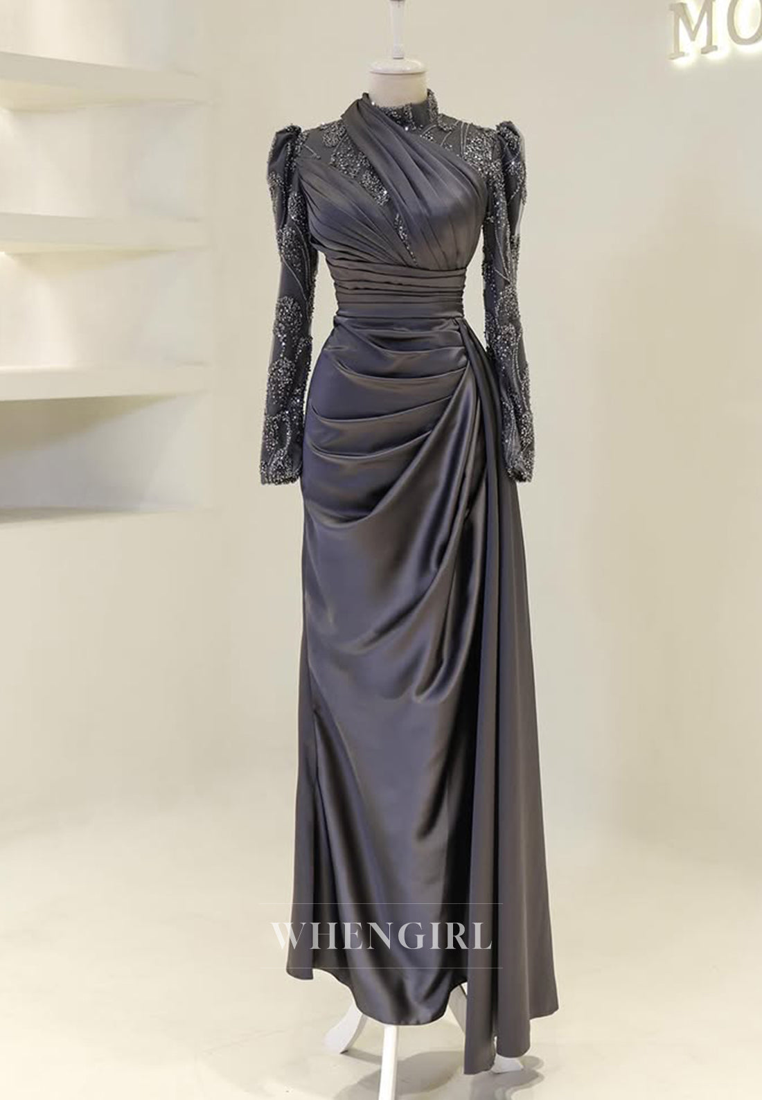 High Neck Beaded Long Sleeves Pleated Sheath Floor Length Evening Formal Dress