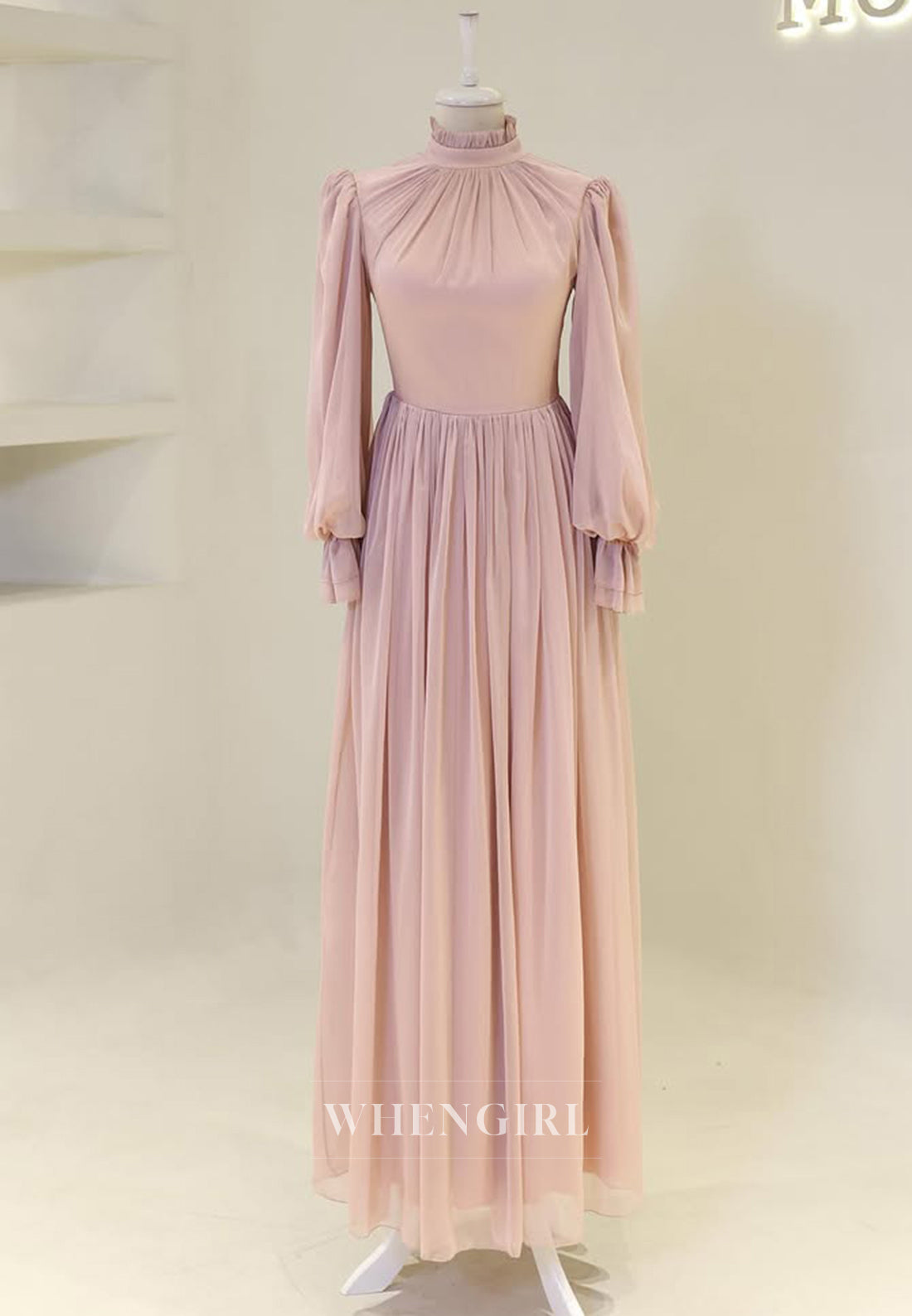 High Neck Long Sleeved Pleated Beaded Floor Length A-Line Chiffon Formal Evening Dress