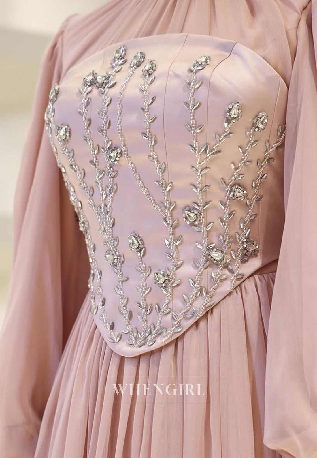 High Neck Long Sleeved Pleated Beaded Floor Length A-Line Chiffon Formal Evening Dress